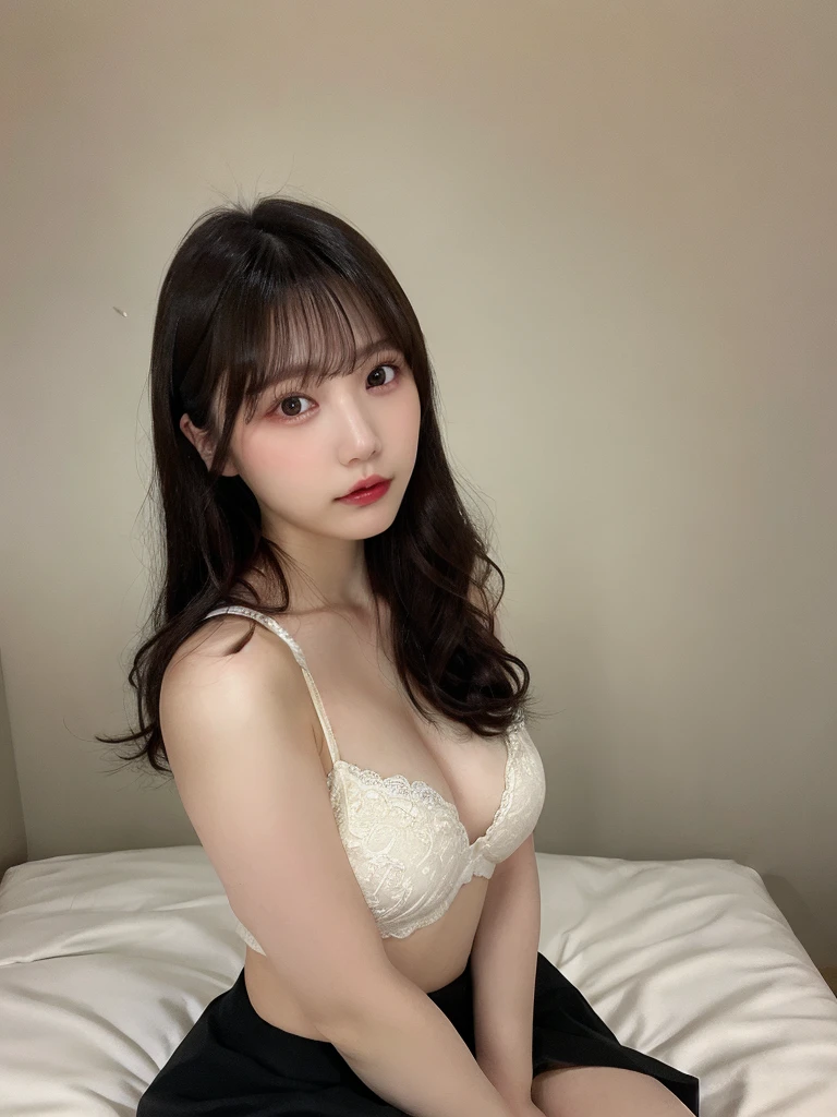 live-action、22 years old、The whole body is shown:1.2、muste piece, highest quality, super detailed, finely, High resolution, 8k wallpaper, perfect dynamic composition, i am a photographer, she is a model, detailed and beautiful eyes,I can see the nipples:1.2、I can see your breasts, long hair, big breasts, natural color lip, random sexy poses, Plain wall background, selfie, ,mini skirt, i can see your underwear pants, i can see your feet, sit down, on the bed, perfect human