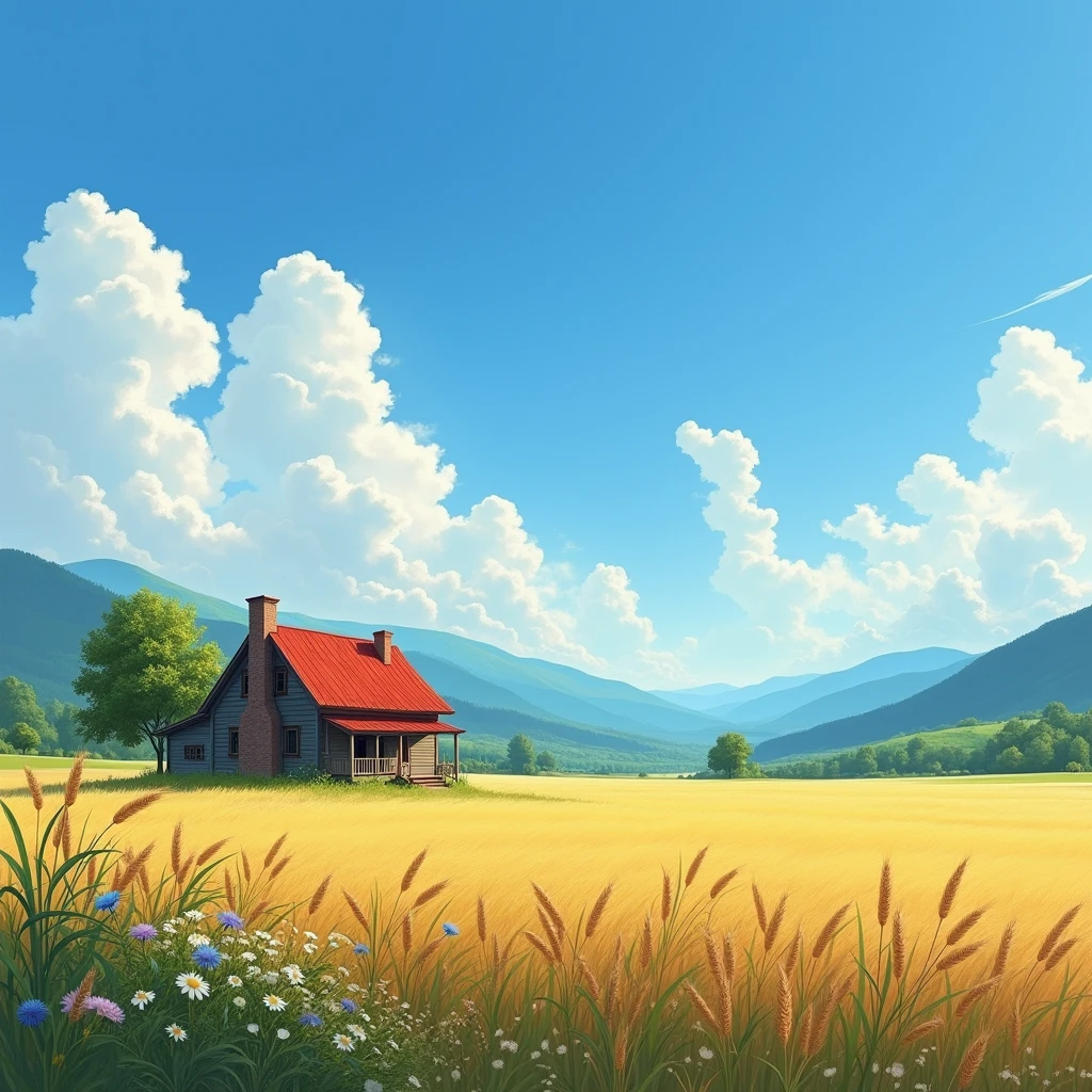 On a sunny summer day, under a vast blue sky with white clouds, a lonely old wooden house with a red roof stands amidst a wide, wind-swept wheat field. In the distance, lush green forests and mountains can be seen. Wildflowers bloom, and you can almost hear the gentle rustle of the grass in the peaceful, serene landscape.ジブリ風,