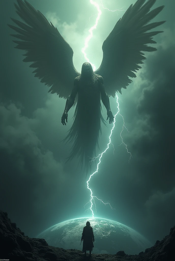 Show Lucifer and his fallen angels falling from the sky, wrapped in shadows and lightning. The Earth appears below, dark and menacing, waiting to receive them.