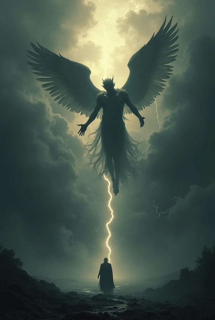 Show Lucifer and his fallen angels falling from the sky, wrapped in shadows and lightning. The Earth appears below, dark and menacing, waiting to receive them.