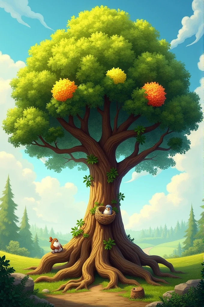 Create an image of a tree with roots, three, remaining, flowers or fruits,nests or birds