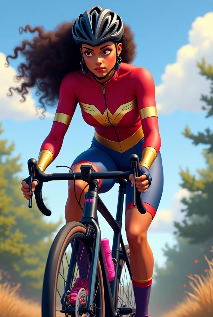 Create an animated image of a mulatto cyclist with curly hair, that the bike is a black mountain bike with pink details and that the suit is special for cyclists alluding to Wonder Woman with its respective colors, that it be long sleeved and that you use a special helmet for cycling 