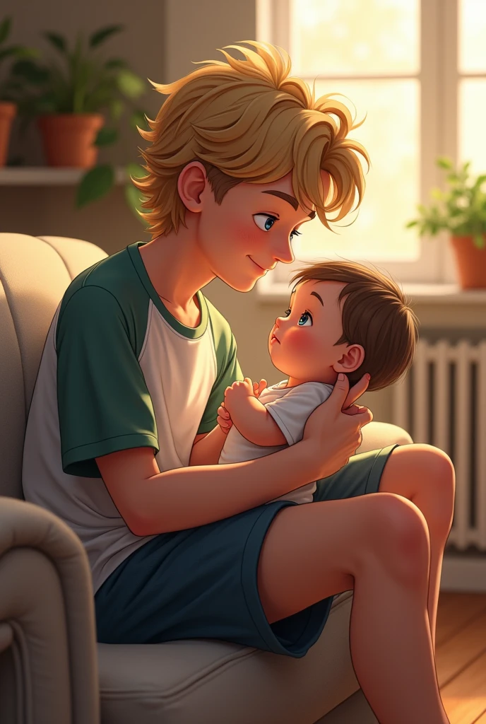 A handsome male with deep blue eyes, a round face, and 90s long dirty blonde hair. Dressed sporty. He is sitting on a couch with his legs crossed (round face) He is holding a cute baby on his lap.