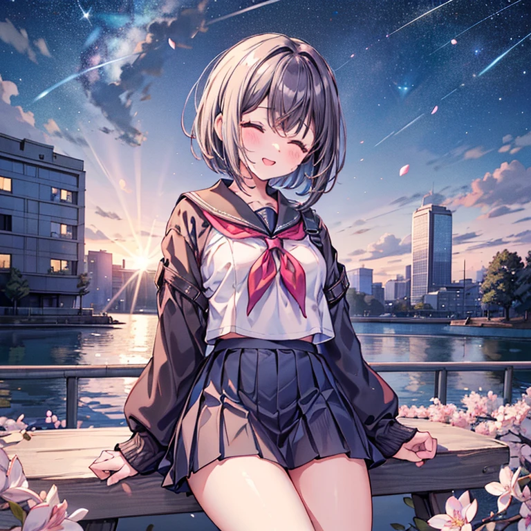  best quality, 1girl, solo, (osanai yuki), __posture__, short hair, black hair, bob cut, bangs, purple eyes, school uniform, red neckerchief, neckerchief, serafuku, sailor collar, socks, black skirt, skirt, long sleeves, pleated skirt, sweater, black socks, sleeves past wrists, black sailor collar, loafers, small breasts, breasts, cowboy shot, __looking__, __expression__, __background__. __posture__：standing\nstanding\n(contrapposto:1.1)\n(contrapposto:1.2)\n(sitting:1.1)\n(sitting:1.2) __looking__：looking_at_viewer\nlooking_at_viewer\nlooking_at_viewer\nlooking_at_viewer\nlooking_back __expression__：smile/nsmile/nsmile/nsmile, open_mouth/nsmile, closed_eyes/nopen_mouth/nshy/nlaughing/nangry/nevil/nlonely/ncrying __background__：outdoors, starry sky, night sky, sunset\nnight, night sky, cloudy sky, meteor, planet, cloud, star (sky), (starry sky:1.2)\n(outdoors), day, blue sky, cloud, nature, tree\noutdoors, day, blue sky, cloud, water\noutdoors, day, grass\ncherry blossoms, tree, outdoors, shooting star, petals, cloud\noutdoors, city, cityscape, scenery, building 