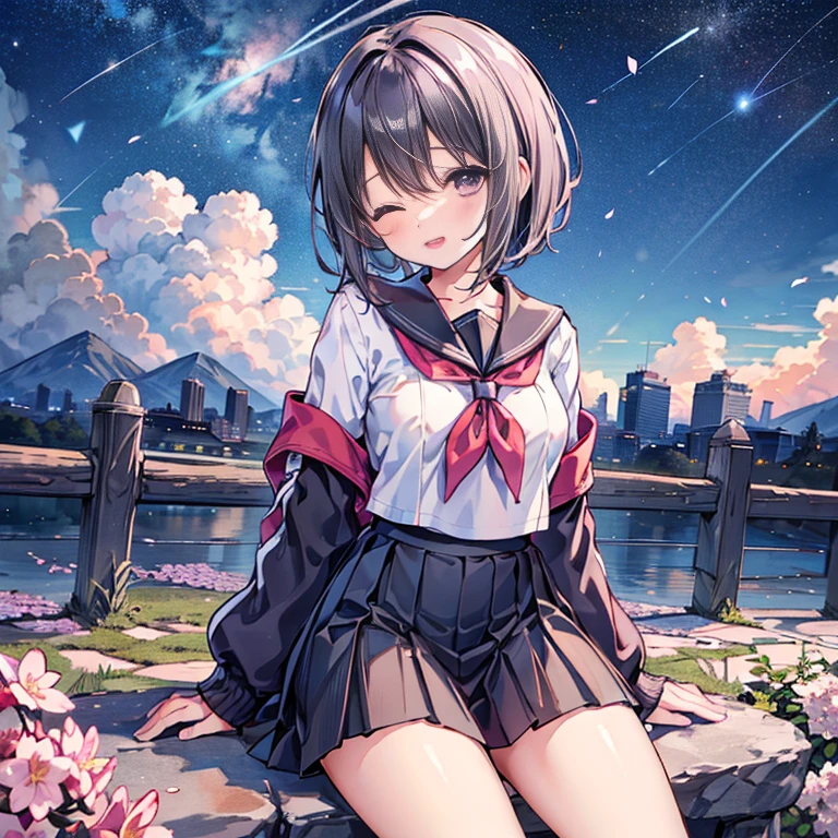  best quality, 1girl, solo, (osanai yuki), __posture__, short hair, black hair, bob cut, bangs, purple eyes, school uniform, red neckerchief, neckerchief, serafuku, sailor collar, socks, black skirt, skirt, long sleeves, pleated skirt, sweater, black socks, sleeves past wrists, black sailor collar, loafers, small breasts, breasts, cowboy shot, __looking__, __expression__, __background__. __posture__：standing\nstanding\n(contrapposto:1.1)\n(contrapposto:1.2)\n(sitting:1.1)\n(sitting:1.2) __looking__：looking_at_viewer\nlooking_at_viewer\nlooking_at_viewer\nlooking_at_viewer\nlooking_back __expression__：smile/nsmile/nsmile/nsmile, open_mouth/nsmile, closed_eyes/nopen_mouth/nshy/nlaughing/nangry/nevil/nlonely/ncrying __background__：outdoors, starry sky, night sky, sunset\nnight, night sky, cloudy sky, meteor, planet, cloud, star (sky), (starry sky:1.2)\n(outdoors), day, blue sky, cloud, nature, tree\noutdoors, day, blue sky, cloud, water\noutdoors, day, grass\ncherry blossoms, tree, outdoors, shooting star, petals, cloud\noutdoors, city, cityscape, scenery, building 