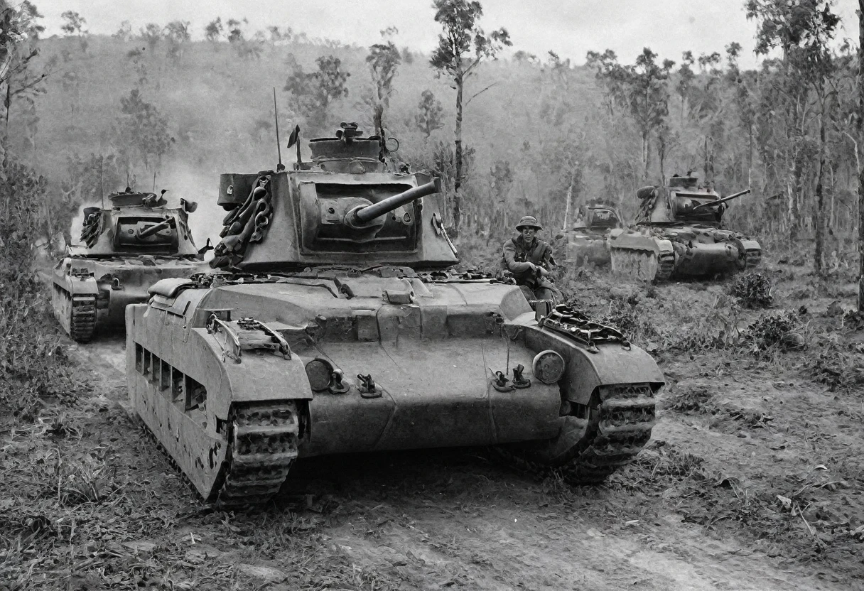 Matilda tank in the wilderness、Group of cavalry escorting