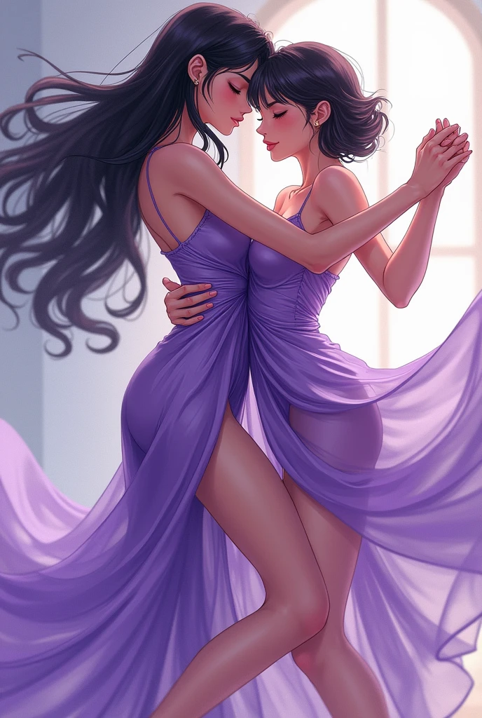 Two girls dancing tango close together, kissing and touching, purple dress and silver dress, semi-naked, one with long black hair and the other with short hair, anime girls, One leg stretching and the other holding it 