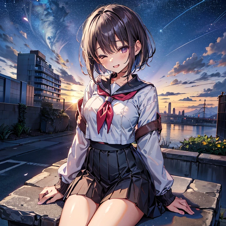best quality, 1girl, solo, (osanai yuki), __posture__, short hair, black hair, bob cut, bangs, purple eyes, school uniform, red neckerchief, neckerchief, serafuku, sailor collar, socks, black skirt, skirt, long sleeves, pleated skirt, sweater, black socks, sleeves past wrists, black sailor collar, loafers, small breasts, breasts, cowboy shot, __looking__, __expression__, __background__. __posture__:standing\nstanding\n(contrapposto:1.1)\n(contrapposto:1.2)\n(sitting:1.1)\n(sitting:1.2) __looking__:looking_at_viewer\nlooking_at_viewer\nlooking_at_viewer\nlooking_at_viewer\nlooking_back __expression__:smile/nsmile/nsmile/nsmile, open_mouth/nsmile, closed_eyes/nopen_mouth/nshy/nlaughing/nangry/nevil/nlonely/ncrying __background__:outdoors, starry sky, night sky, sunset\nnight, night sky, cloudy sky, meteor, planet, cloud, star (sky), (starry sky:1.2)\n(outdoors), day, blue sky, cloud, nature, tree\noutdoors, day, blue sky, cloud, water\noutdoors, day, grass\ncherry blossoms, tree, outdoors, shooting star, petals, cloud\noutdoors, city, cityscape, scenery, building