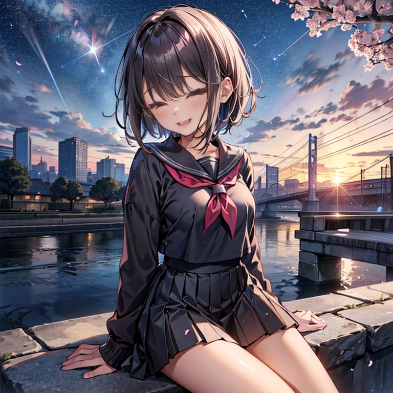  best quality, 1girl, solo, (osanai yuki), __posture__, short hair, black hair, bob cut, bangs, purple eyes, school uniform, red neckerchief, neckerchief, serafuku, sailor collar, socks, black skirt, skirt, long sleeves, pleated skirt, sweater, black socks, sleeves past wrists, black sailor collar, loafers, small breasts, breasts, cowboy shot, __looking__, __expression__, __background__. __posture__：standing\nstanding\n(contrapposto:1.1)\n(contrapposto:1.2)\n(sitting:1.1)\n(sitting:1.2) __looking__：looking_at_viewer\nlooking_at_viewer\nlooking_at_viewer\nlooking_at_viewer\nlooking_back __expression__：smile/nsmile/nsmile/nsmile, open_mouth/nsmile, closed_eyes/nopen_mouth/nshy/nlaughing/nangry/nevil/nlonely/ncrying __background__：outdoors, starry sky, night sky, sunset\nnight, night sky, cloudy sky, meteor, planet, cloud, star (sky), (starry sky:1.2)\n(outdoors), day, blue sky, cloud, nature, tree\noutdoors, day, blue sky, cloud, water\noutdoors, day, grass\ncherry blossoms, tree, outdoors, shooting star, petals, cloud\noutdoors, city, cityscape, scenery, building 