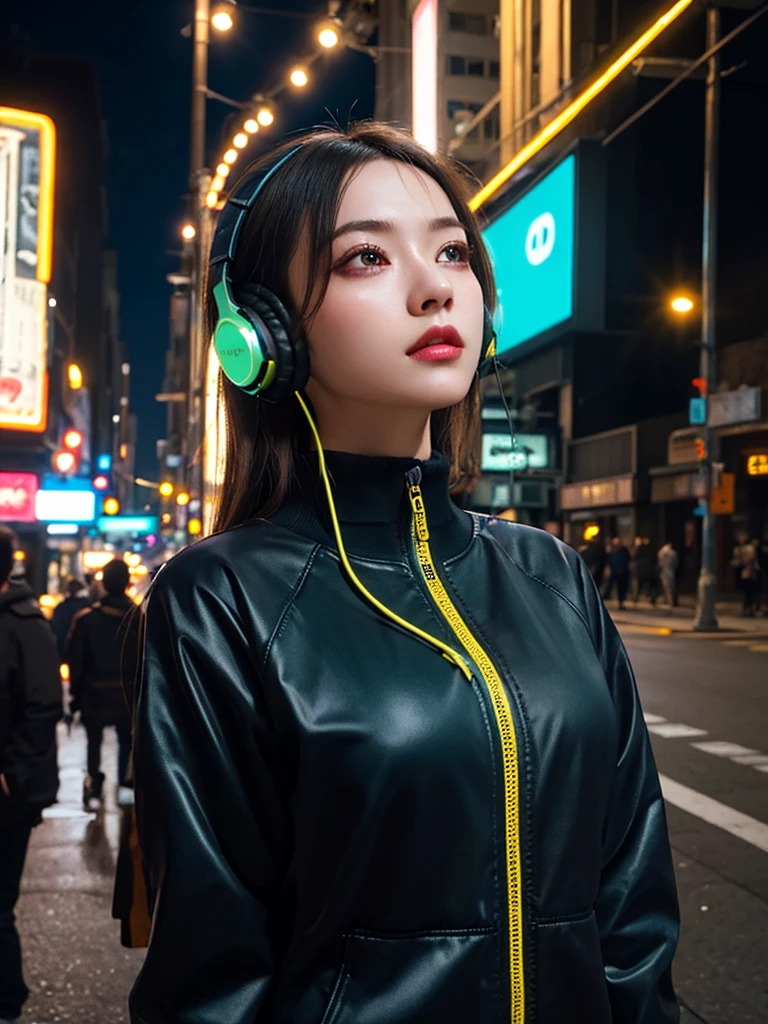 (masterpiece, Highest quality, Highest quality, Very detailed, Most detailed, Highest quality、Realistic photo、, Structure of the film, beautifully、aesthetic:1.2), colorful, (Detailed drawn eyes:1.1), Beautiful Face, Perfect body, One girl, alone, City of night, City, Ratan, street, black | Yellow bomber jacket, (Neon Light:1.1), Big Breasts、Beautiful breasts、 software, performer, (headphone:1.1), (cyber punk:1.1), (sf:1.1), (look up:1.2), (public:1.2)