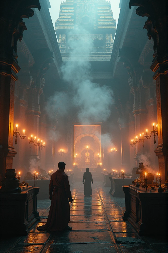 **Mystical Temple Scene**: An atmospheric view of the Kamakhya Temple, with ancient tantric symbols and rituals being performed. The setting is filled with incense smoke, candles, and intricate altar arrangements. In dall e-3 style