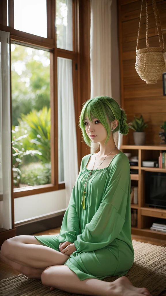 Light green haired anime girl in a light green dress,Sitting in the living room,wind chimes