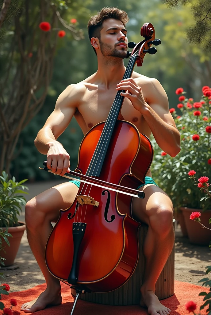 (1 man super sexy playing the cello in the garden, shirtless, pantless, barefoot, thong)

Expression: A relaxed face, with eyes closed and a slight smile on the lips. Hands playing the cello

A  young man , shirtless, barefoot, strong_slim_body  barefoot,full body, 20 years old man, (shirtless pantless, ), barefoot, gorgeous, perfect realistic detailed muscles, muscled legs, adorable face, taller, masculine gaze, confident look, soft perfect white skin, barefoot, blue eyes, perfect anatomy, portrai
(Wearing s green thong) 
(Gaze, the most seductive, pasionate, lusty, energy, pasion ever seen)
he is in a super sexy seductive photoshot in a all red tones of red garden 

Fullcolor, sticker of a full body picture of a beautyfull young man, highly detailed beautyfull face, freedom, soul, digital illustration, approaching perfection, dynamic, highly detailed, watercolor painting, artstation, concept art, smooth, sharp focus, illustration

In the style of artists like Russ Mills, Sakimichan, Wlop, Loish, Artgerm, Darek Zabrocki, and Jean-Baptiste Mongevivid. Pencil Sketches by Albert Eckhout enchanting

(homoerotism_fullbody_nsfw_pasion_energy_seduction_instins)

Energy intense vibrant dark colors palette becoming the subject composition

volumetric light,convey clarity and objectivity. 

(homoerotism_fullbody_nsfw_seductive) 
