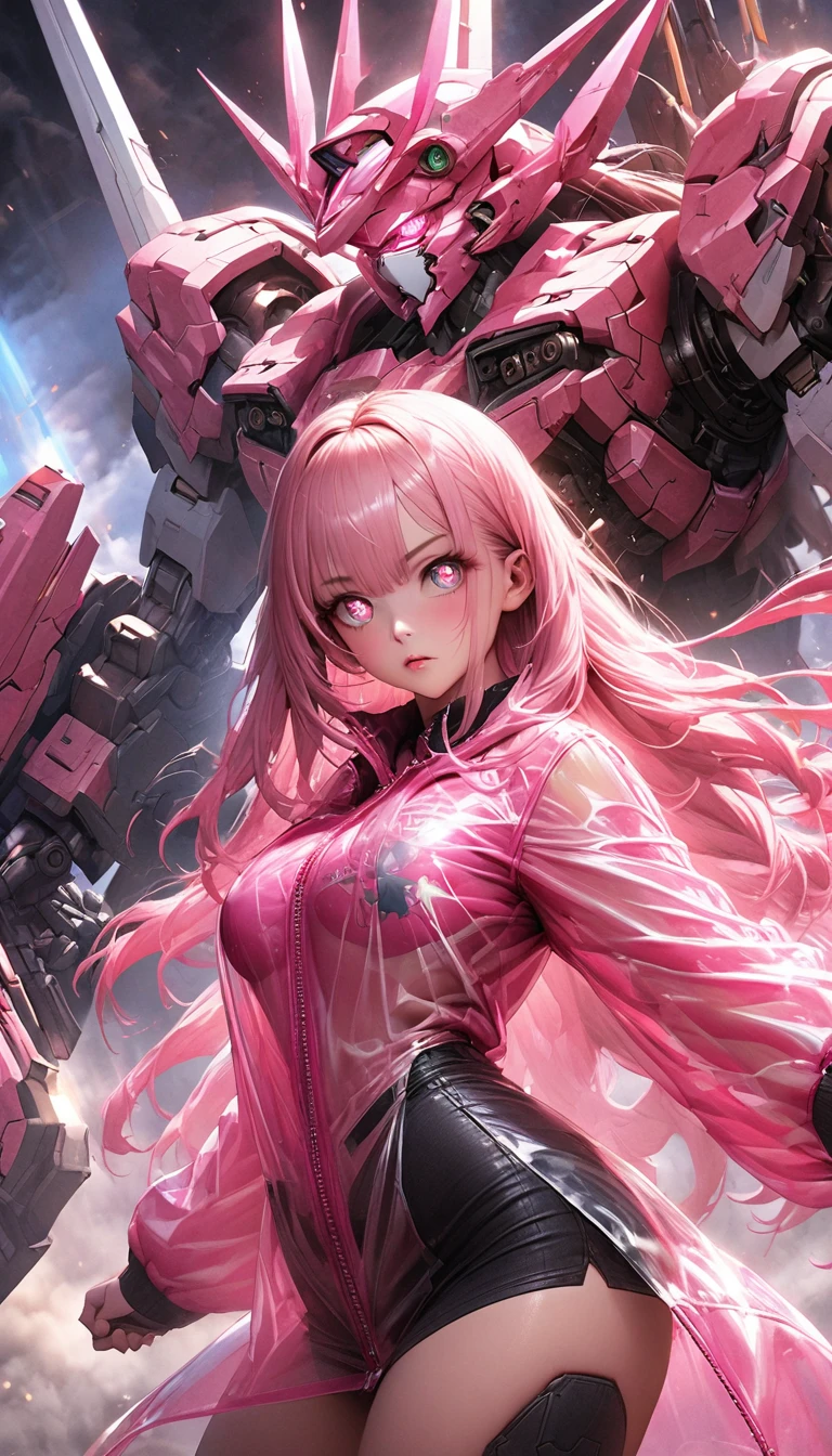 ((masterpiece))) whole body, whole body Shot (One Girl) ((Pink Hair, Long Hair, Straight hair, Both sides up))), ((Green Eyes))), eye shadow, eyeliner, Glow Eye, Hyper Detail Eye, Complex eyes, Beautiful Eyes, Detailed eyes, (((Star-shaped pupils, Shining pink eyes))) 18-year-old girl. (Wearing a transparent PVC jacket)) huge cool weapon mechanical in hand, huge cool weapon mechanical, Mecha, Mechaanism, mechanical, Open Stance, Coalesce(Realistic skin texture:1.3), rtrophto1