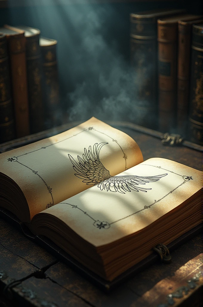 Magic book with an open page and an angel wing drawn on the page, just like the ones Duki uses.