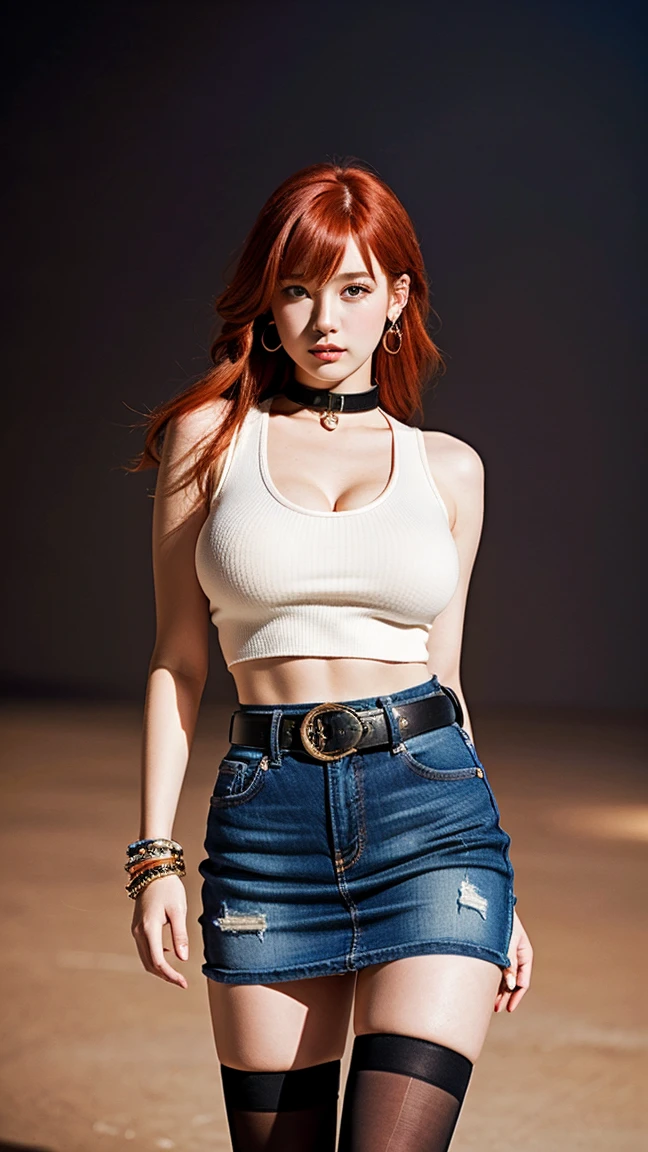 redhead girl,(huge breasts:1.3),hits,Black sleeveless fitted crop top,black stockings, Short denim mini skirt with belt,collar, bracelet,ultra detailed,Realistic portrait,vivid colors,warm tones,Soft lighting,standing in an elegant ballroom