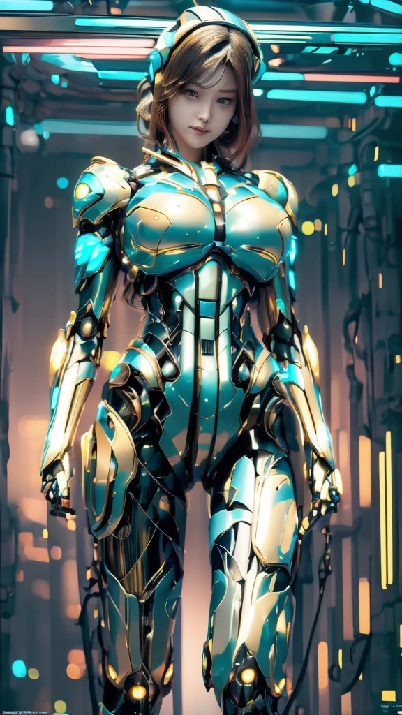Highest quality, masterpiece, figure, (Realistic, photo-Realistic:1.37), wonderful, In detail, Incredibly absurd, Large file size, Very detailed, High resolution, Very detailed CG Unity 8k wallpaper, Very detailed目と顔, Ray Tracing, Browsing Caution, NUDE, One girl, Korean cyborg girl is innocent and young々Has a sly expression. She poses boldly with her arms raised above her head, Revealing her voluptuous figure. She is wearing a small black mecha armor top that barely covers her breasts., Exposing most of her flawless skin. Her shoulders and head have more armor detailing.、There are shining highlights, Tech Panels and Mechanisms. She is standing against a futuristic cityscape lit up with vibrant neon lights.、Standing full of energy。.