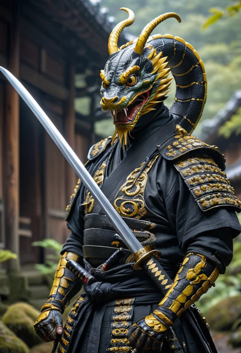 Des images d'action, des images numériques réalistes, Un samouraï serpent anthropomorphisé en colère sort une belle épée katana magique de sa gaine, noire avec une armure en bois noire, perles de samouraï, masque de démon samouraï jaune, se tenant dans un village japonais ancien, Ultra HD, 8k, détails fous.