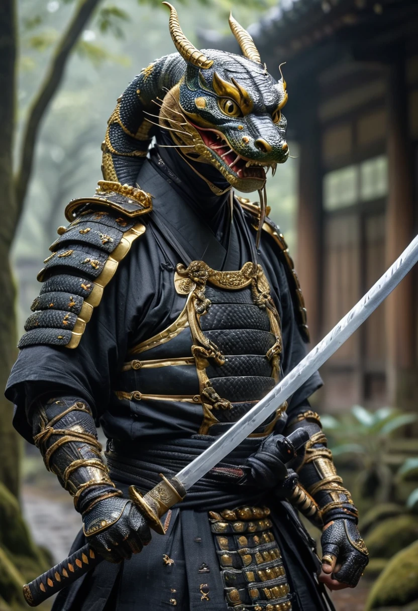 Des images d'action, des images numériques réalistes, Un samouraï serpent anthropomorphisé en colère sort une belle épée katana magique de sa gaine, noire avec une armure en bois noire, perles de samouraï, masque de démon samouraï jaune, se tenant dans un village japonais ancien, Ultra HD, 8k, détails fous.