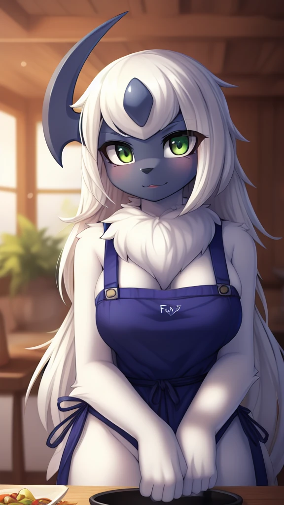 By zinfyu,by twistedscarlet60, uploaded on pixiv, by fluff-kevlar, (masterpiece), (best quality), (solo female:1.2), (extremely detailed:1.3),(detailed eye,black circle on eye,Green eye), Absol, view on viewer, close view, shy face, half body on potrait, only body and head, closeup, wearing cooking apron, medium Breast, in living room, perfect circle of breast, thight clotches, beautiful white long hair, beautiful hair,has eyebrows, beautiful eyebrows, long eyebrows, 