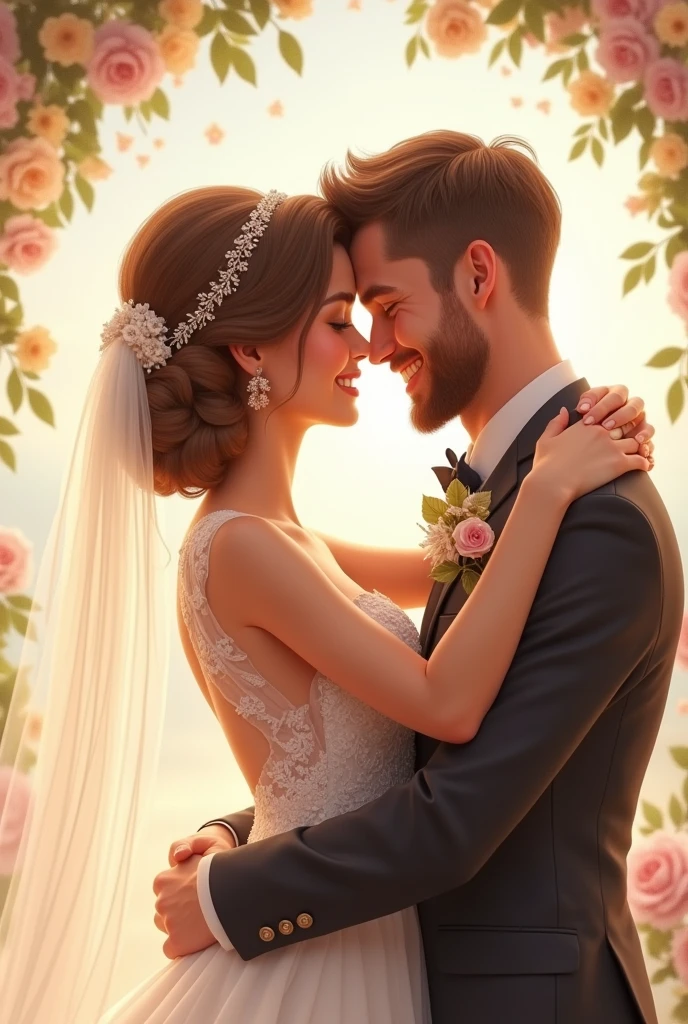 real beautiful bride huguing his husband 