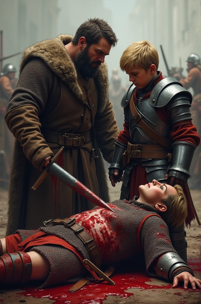 Blood flowing from the body of a large man wearing traditional chainmail while a blonde hair young man wearing a boiled leather and armour looks at him