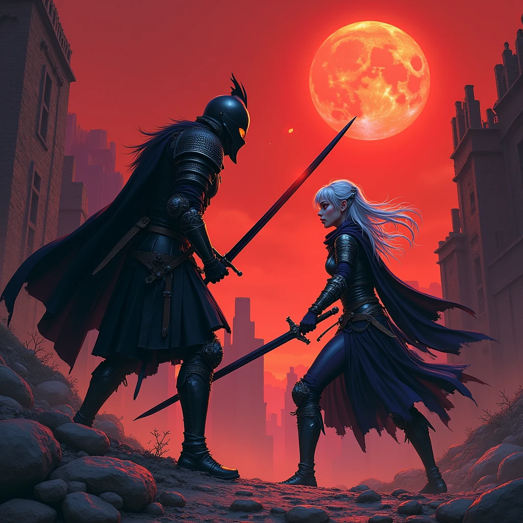 (super detailed faces, averted eyes, fantasy illustrations with gothic, ukiyoe, and comic art, rich colors), BREAK (this is a "city of ashes" in ruins. It was once a medieval European-style fortified city. Red moonlight illuminates the ruined earth); BREAK (Dark Elf: middle-aged Dark Elf woman with silver hair, blunt bangs, very long messy hair, dark purple skin, and lavender eyes); BREAK (Dark Elf female warrior wearing blue jeweled hair ornament and copper armor); BREAK ( ArmoredSoldier: medieval European style black helmet, black armor, black cloak, carrying a red-hot greatsword), BREAK (female dark elf warrior on screen left and dark knight on screen right facing each other in red moonlight in a fighting stance with swords at the ready) (a female dark elf warrior holds a slender long sword at an angle, roars, and assumes a bold pose, lowering her posture and swinging the sword horizontally); BREAK (a male knight with his back to the viewer, spitting terrible red flames from his black helmet and striking a bold pose with a large sword swinging down from above at the female dark elf.)