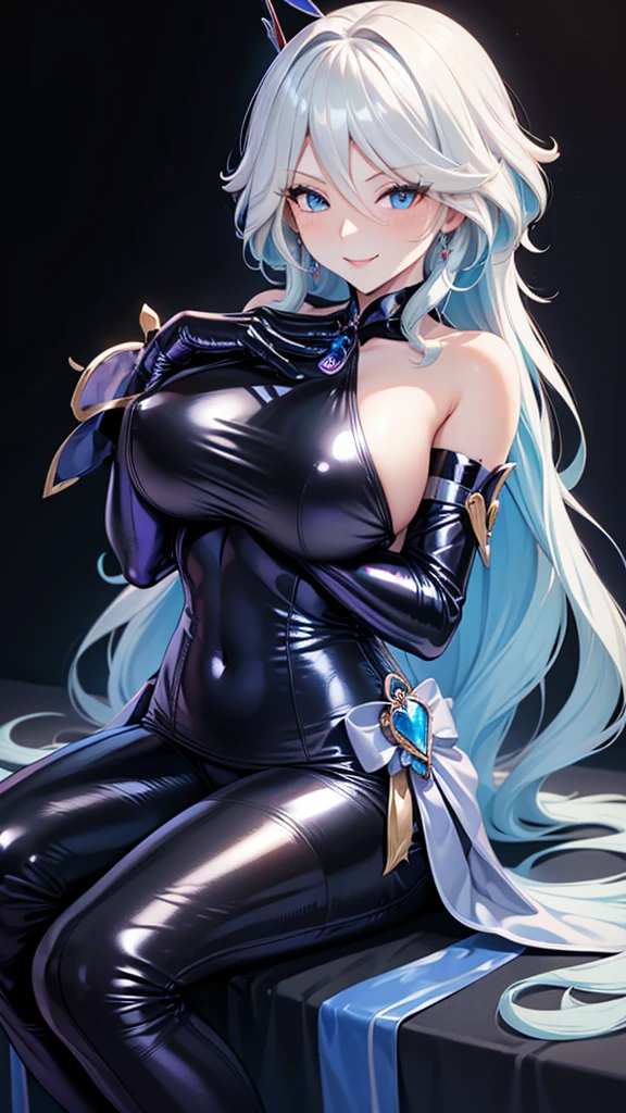 Erotic Genshin Impact Freena Tall, big-breasted adult wife Light blue sequin rubber suit off shoulder black background heart bedroom dark theme evil temptation excited condescending smile sexy pose
