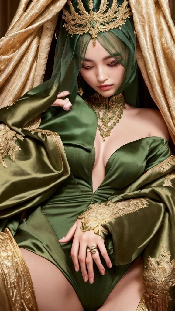 a close up of a woman in a green bodysuit with gold embroidery, ornate dark green clothing, elegant gold body, intricate body, intricate and elegant, elegant intricate, intricate details. front on, ornate with gold trimmings, intricate elegant, detailed intricate elegant, baroque detailed, ornate and elegant, very detailed and rich clothing, elegant baroque, leotard