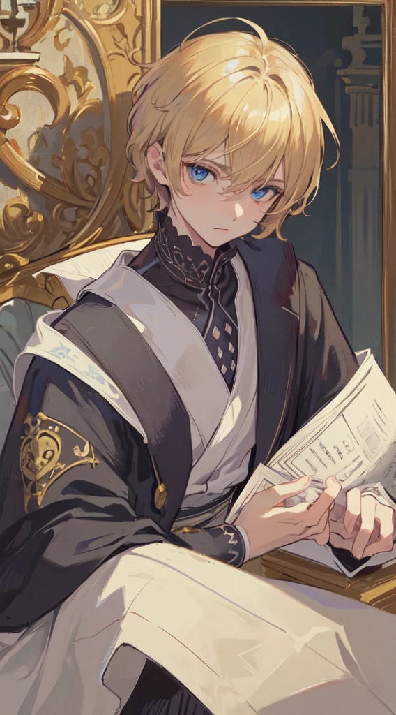 1mature man, masterpiece, best quality, Practical, 1 person,  portrait, Extremely detailed face, (Messy short hair), (blond hair), (blue eyes），Proud Prince，Dismissive，Unparalleled handsomeness