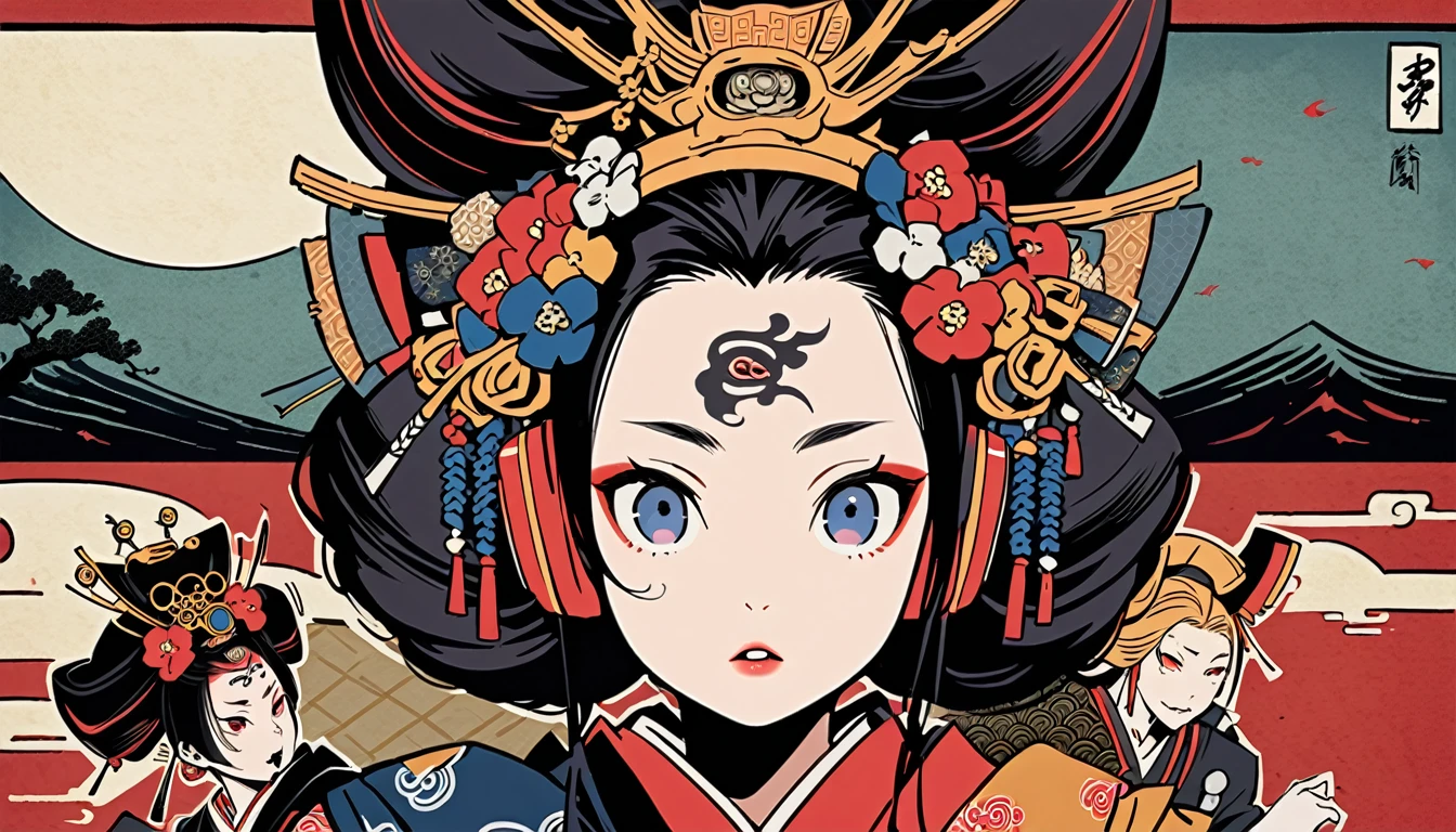 Ink painting, (((1 Ninja Girl))), (((Tattoo in the middle of the forehead))),(((In the background is the Akatsuki moon))), (((Oiran))), (((Great hair accessories))), Japanese style headphones, Demon possession, ,Face up close, Japanese beauty, Sensitive and precise, Modern Ukiyo-e style, Highest quality, katsushika hokusai, (((Elements of horror))), beautiful girl, Sensitive and precise, Modern Ukiyo-e style, Cyberpunk city,