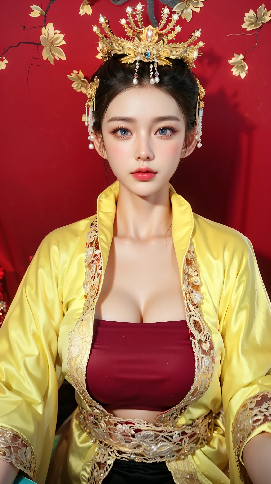 Game Art,Best image quality,Maximum resolution,8K,(A bust photo),(portrait),(Head close-up),(Rule of Thirds),Unreal Engine 5 rendering works,20 year old girl,((Queen)),The eyes are very detailed,(Large Breasts),Elegant and noble,light,Ray Tracing,Game CG,((3D Unreal Engine)),OC rendering reflection mode,4K,Ultra-clear,Sensual,Translucent lace,Fair and plump figure,Pretty Face,Glossy Gel Coat,身着华贵礼服的Queen,Crystal Gem Crown,Necklace jewelry,blue eyes,Gorgeous and intricate tattoo designs,Ultra-clear portrait,Sexy thick lips(Red lipstick),Gorgeous clothing,Diamond Gold,Luxury Costume Jewelry,Diamonds of the Universe,Empress,breasts symmetrical,Dragon robe