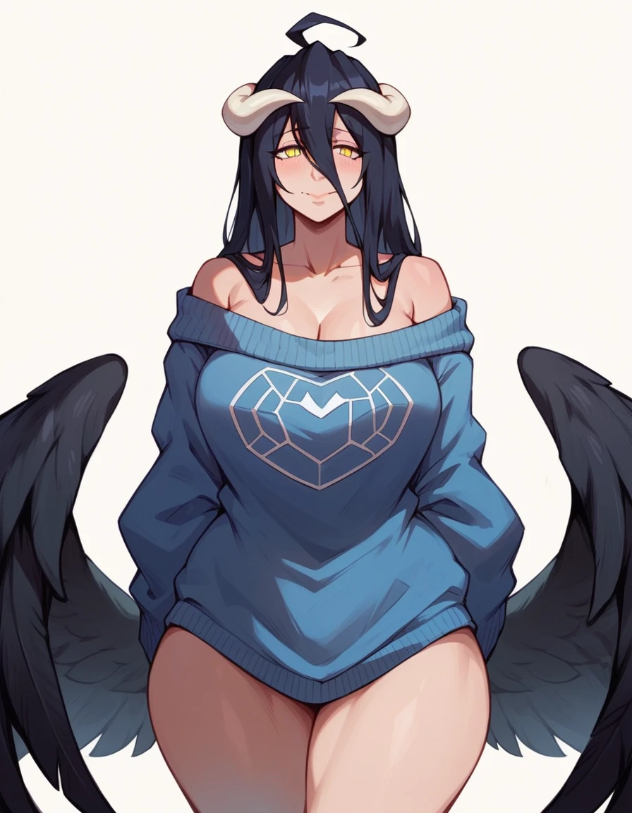 Albedo_overlord,black hair,curvy body,medium breast,big hips, wearing oversized sweater only,half naked,pitch black background,nsfw.