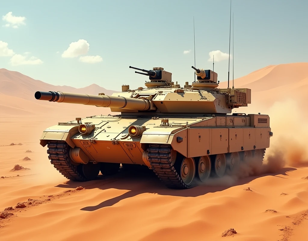 Armored Tank, desert camouflage color, Germany Leopard 2A7+ Main Battle Tank, Wide angle, panoramic view, dynamic movement, vivid, (masterpiece, best quality, absurdres, ultra-detailed, intricate details:1.3)