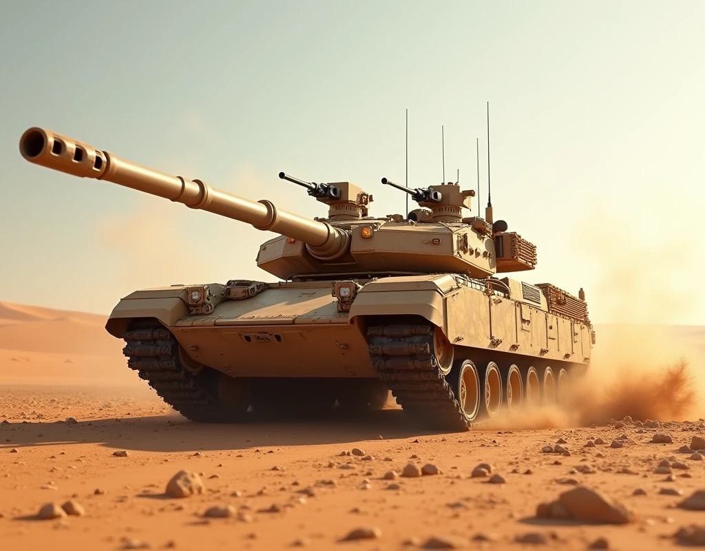 Armored Tank, desert camouflage color, Germany Leopard 2A7+ Main Battle Tank, Wide angle, panoramic view, dynamic movement, vivid, (masterpiece, best quality, absurdres, ultra-detailed, intricate details:1.3)
