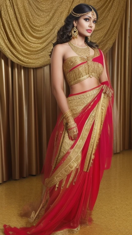(best quality,4k,8k,highres,masterpiece:1.2),ultra-detailed,(realistic,photorealistic,photo-realistic:1.37) a woman in a red and gold outfit, full body, wearing gold jewellery, indian goddess, intricate thin details in gold, 8k sensual lighting, indian, heavy gold jewellery, cinematic goddess close shot, gold bra, golden jewellery, gorgeous woman, intricate outfit, wearing gold chain, gold jewellery, provocative indian, gorgeous beautiful woman, wearing an ornate outfit