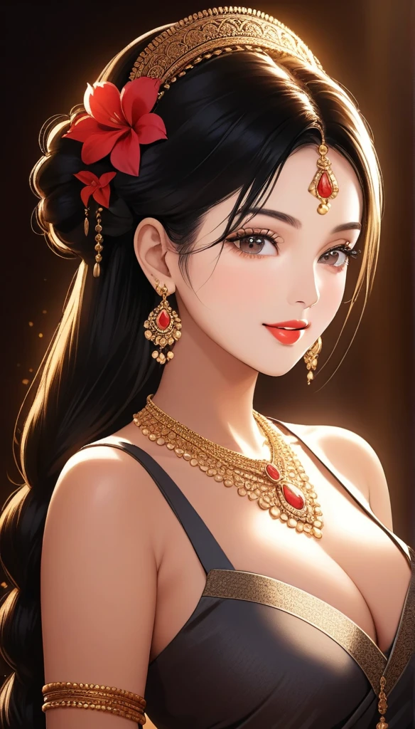 (1 woman, detailed alluring eyes, beautiful detailed lips, mature, single hair braid , big long oversized hoops earrings, beautiful face, smiling, red lipstick, bangles, saggy breasts, photorealistic, 8k, hyperdetailed, vibrant colors, studio lighting, masterpiece, cinematic composition, dramatic lighting, intricate details, highly realistic skin textures, volumetric lighting, beautiful intricate jewelry, warm color palette, natural lighting, elegant pose, beautiful detailed expression, hyper realistic rendering, seamless blending, flawless skin, glowing skin, delicate features, breathtaking realism, striking composition, tall, necklace, full body view),flower in her head, piercing, mehendi, jewellery ,hair brochure,waist jewellery,chain jewellery,anklets,full body accessories