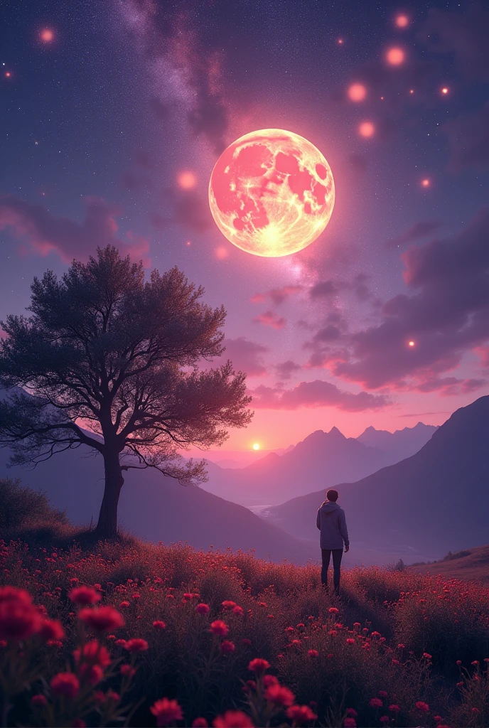 Wide-ranging landscape photos, (A view of the sky and wilderness from below), Stand in a flower field and look up, (Full Moon: 1.2), (meteor: 0.9), (nebula: 1.3), Distant Mountains, Tree BREAK Production Art, (Warm light source: 1.2), (firefly: 1.2), lamp, Purple and Orange, Intricate details, Volumetric Lighting, RealismBREAK (masterpiece: 1.2) (best quality), 4K, Extremely detailed, (Dynamic Configuration: 1.4), Rich in details、Colorful, (Rainbow Colors: 1.2), (Luminous lighting, Atmospheric lighting), Dreamy, magic, (Solitary: 1.2)