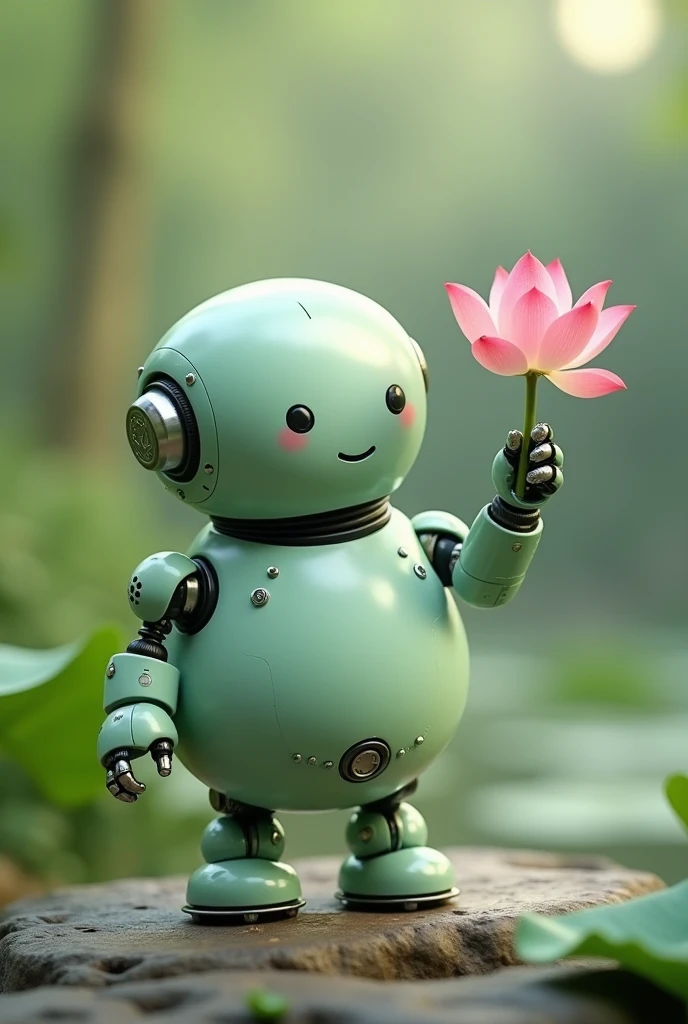 Small friendly chubby robot in light green, showing a lotus flower in her open hand