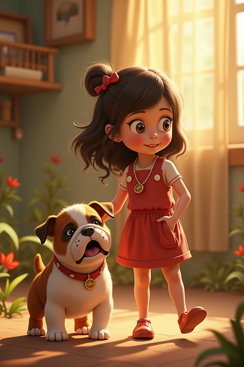 From the image I uploaded, I want a composition of that girl accompanied by her bulldog, in Disney pixar style