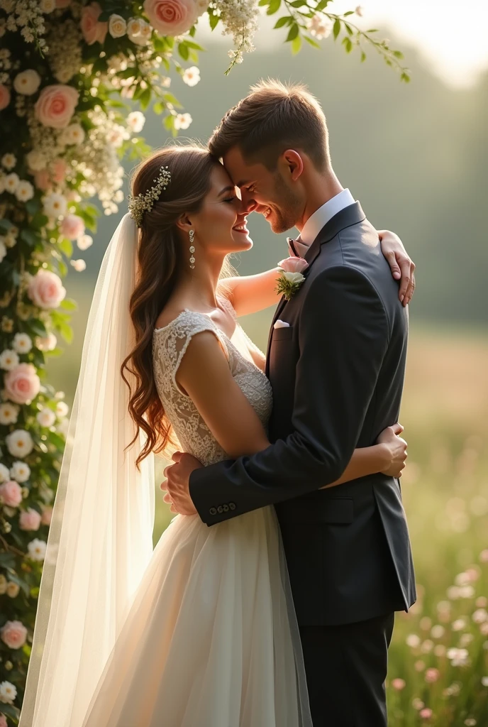 real beautiful bride huguing his husband