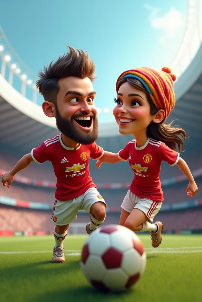 4D caricature, Two lovers, a man wearing a Manchester United shirt and a woman wearing a headscarf wearing a Manchester United shirt playing football with a football stadium in the background