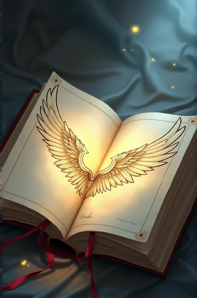 Magic book with an open page, and drawn on it are Duki's wings, only the angel ones.