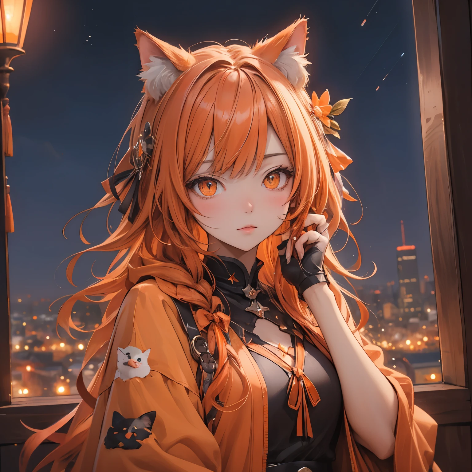 (masterpiece), Highest quality, Ultra-high resolution,Cat ears with orange ribbon、Orange Hair、Orange eyes、Orange clothes、Night view、Trump