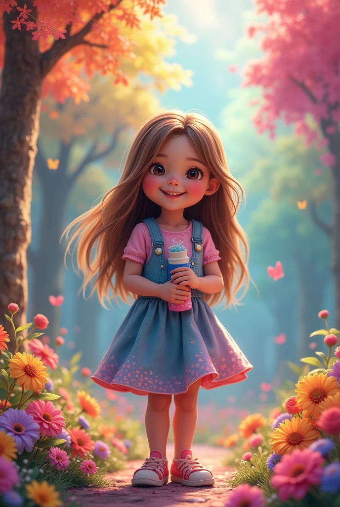 A girl standing with a bright smile, Holding a bottle of magic paint. Surrounded by magical and colorful surroundings, With colorful flowers, Vivid trees々Or a rainbow-filled sky. 4K resolution