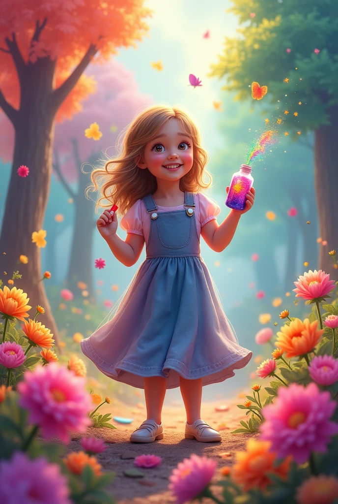 A girl standing with a bright smile, Holding a bottle of magic paint. Surrounded by magical and colorful surroundings, With colorful flowers, Vivid trees々Or a rainbow-filled sky. 4K resolution