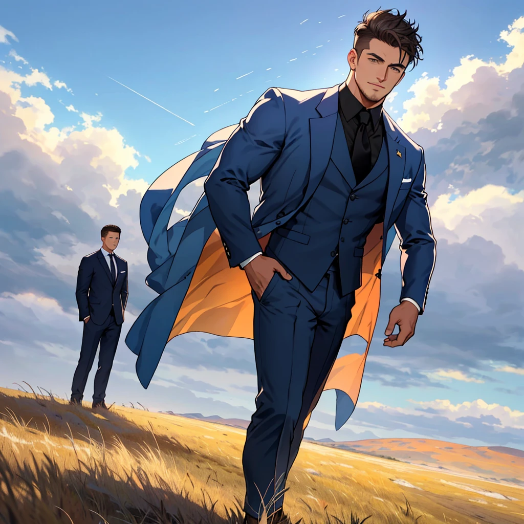 Draw a full-fledged footballer，Standing on the steppe at night，Quiet and comfortable background，He wears the same suit as the country's president，The suit fits perfectly，Handsome face，eyes with brightness，The man looks confident and determined，looking-down，Crew cut，full bodyesbian，beautiful clouds in the sky, daytime sky highlights background