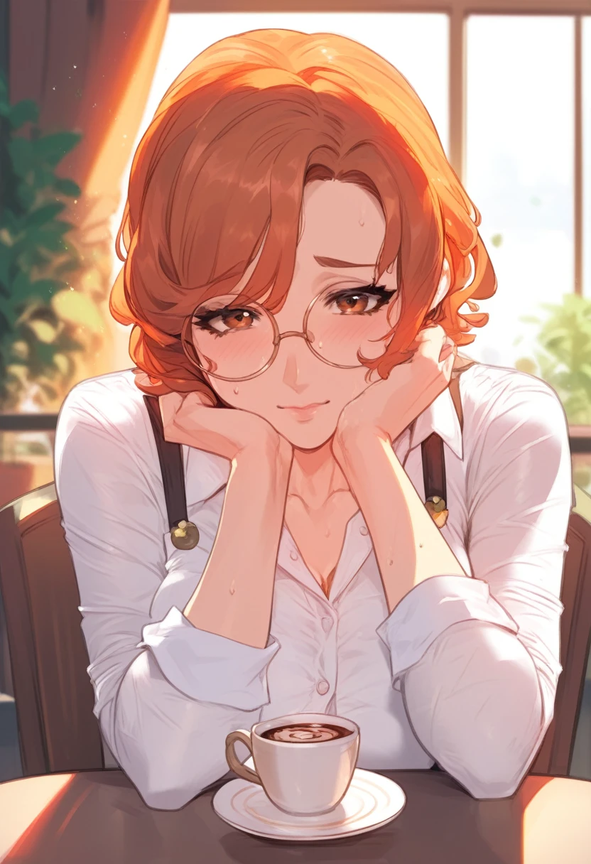 Adult, female, mature, androgenous, short orange hair, messy orange hair, orange hair,  perfect brown eyes, perfect brown irises, slim figure, panicking, cafe, shy, anxious, nervous, round glasses, Masterpiece, Anatomically Correct, Accurate, Best Quality, Detail, High Details, Quality, Super Detailed, High Quality, close up, holding 2 coffees cups, offering, sweat, in a cozy cafe, beautiful cafe, cottage cafe, looking at viewer, head down