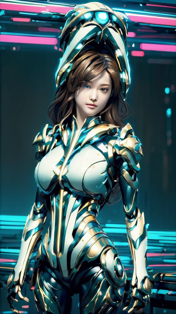 Highest quality, masterpiece, figure, (Realistic, photo-Realistic:1.37), wonderful, In detail, Incredibly absurd, Large file size, Very detailed, High resolution, Very detailed CG Unity 8k wallpaper, Very detailed目と顔, Ray Tracing, Browsing Caution, NUDE, One girl, Korean cyborg girl is innocent and young々Has a sly expression. She poses boldly with her arms raised above her head, Revealing her voluptuous figure. She is wearing a small black mecha armor top that barely covers her breasts., Exposing most of her flawless skin. Her shoulders and head have more armor detailing.、There are shining highlights, Tech Panels and Mechanisms. She is standing against a futuristic cityscape lit up with vibrant neon lights.、Standing full of energy。.