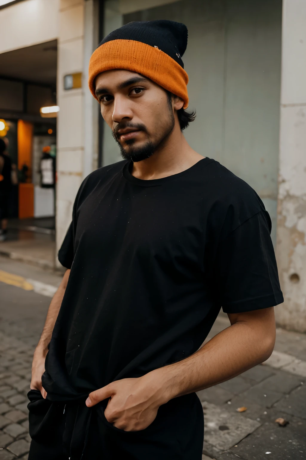 Brazilian man, white skin, black eyes, bearded, wearing an orange beanie, plain black oversized t-shirt without print, black cargo pants, portrait mode, on the streets of São Paulo during the day,